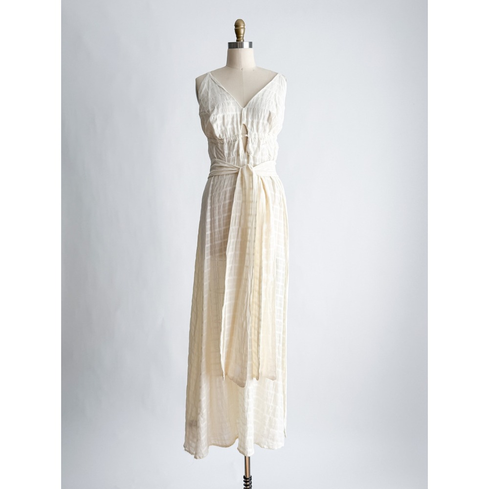 Fashion To Figure Maxi Dress Cut-Out Tie Waist 0X Cream Sleeveless Grid Textured